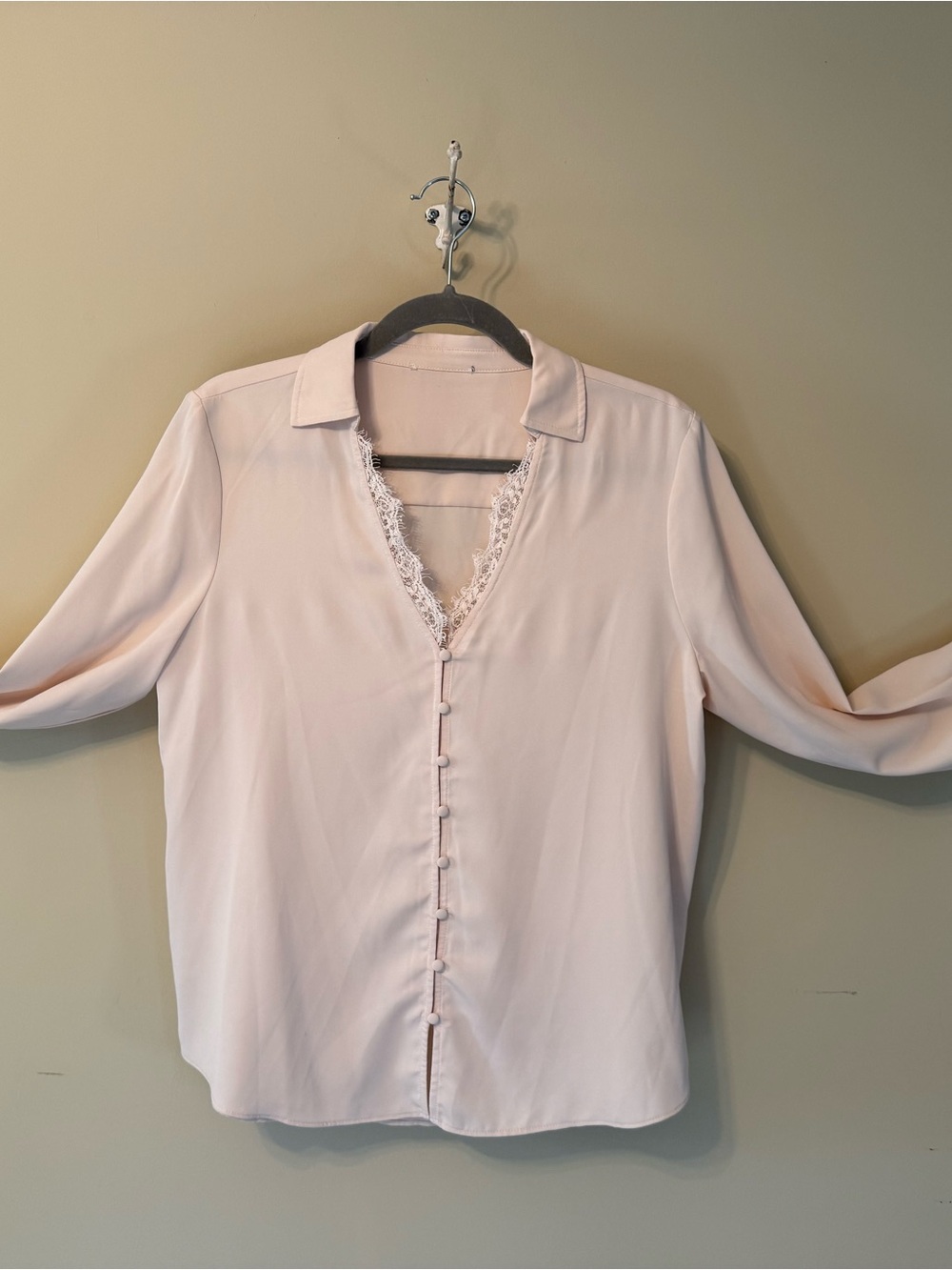 Lace-Trim V-Neck Button Front Women's Top - Cream with a hint of blush